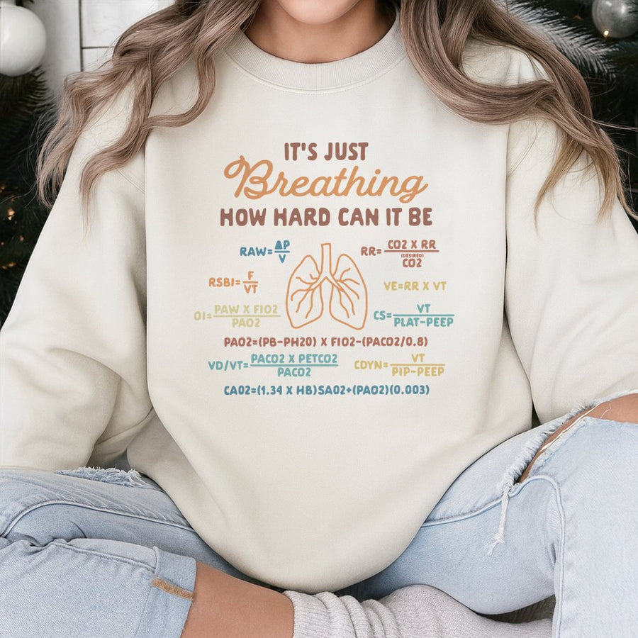 Respiratory Therapist Sweatshirt | It's Just Breathing Science Equations Print | Soft Cotton Blend Crewneck | Funny Medical Professional Gift