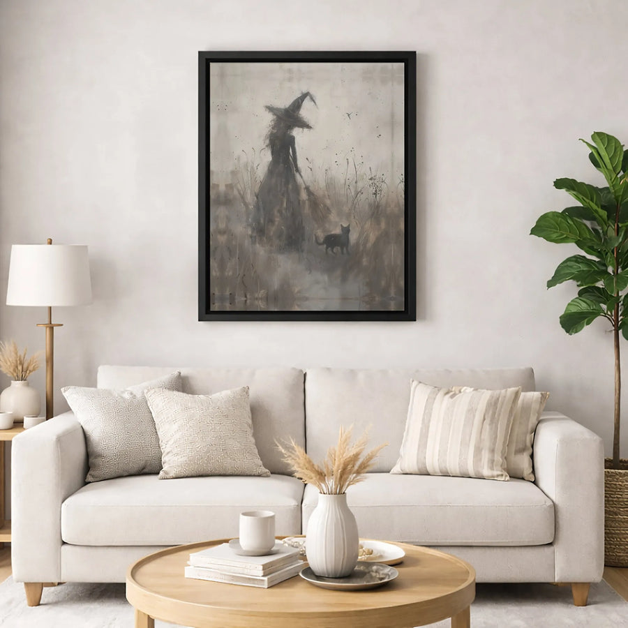 Witch With Black Cat Canvas Print | Gothic Witchcraft Field Wall Art | 1.25-Inch Premium Gallery Wrap | Spooky Halloween Home Decor Gift