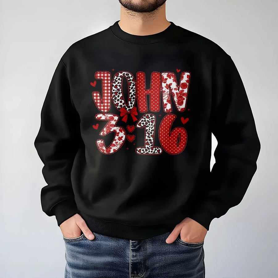 John 3:16 Sweatshirt | Red Heart Pattern Christian Bible Verse | Soft Premium Cotton Blend | Faith-Based Valentine Gift For Women