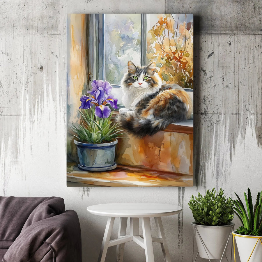 Calico Cat Canvas Wall Art | Watercolor Floral Window Scene | Premium Gallery Wrap Print | Gift For Cat Lovers