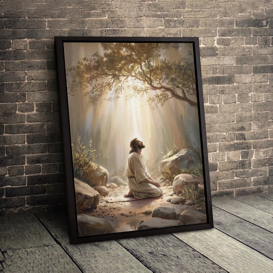 Jesus Kneeling in Prayer Canvas | Divine Light Christian Wall Art | Premium Gallery-Wrapped Religious Print | Spiritual Home Decor Gift