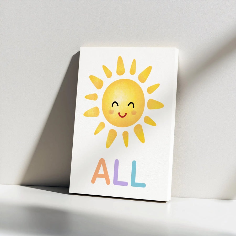 Cute Sun Canvas Print | Watercolor Sunshine Nursery Decor | Premium Thick Gallery Wrap | Gift for Kids Bedroom