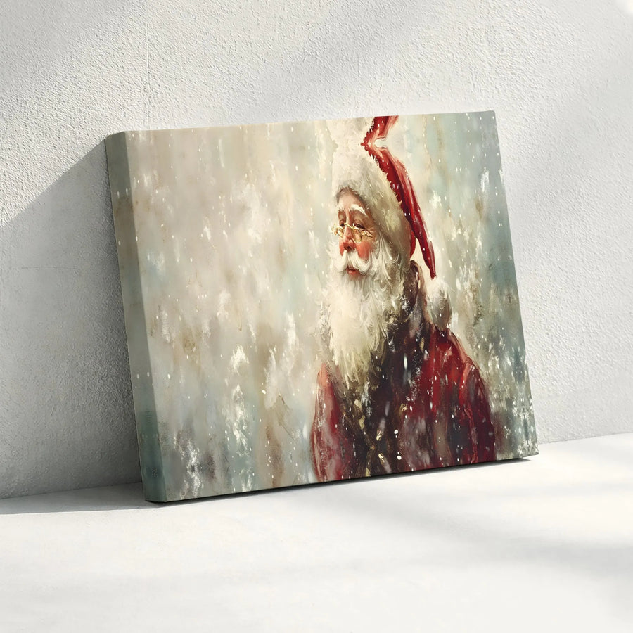 Vintage Santa Claus Wall Art | Snowy Portrait Oil Painting Style | Gallery Wrapped Canvas | Premium Christmas Holiday Home Decor