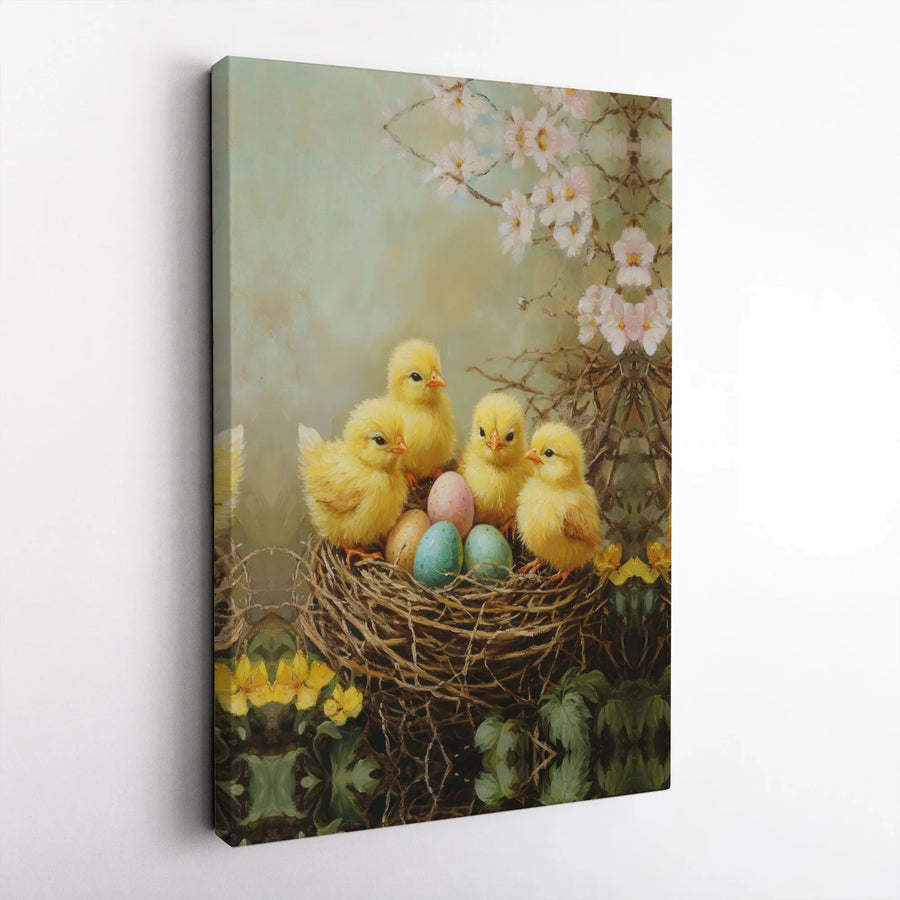 Easter Chicks Canvas Wall Art | Vintage Painting of Baby Birds in Nest | Premium Gallery Wrapped Print | Farmhouse Spring Home Decor Gift