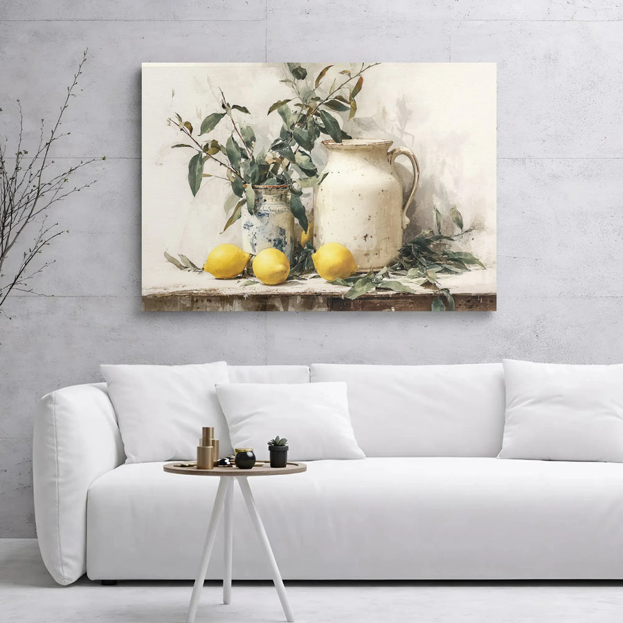 Rustic Lemon Still Life Canvas Wall Art | Mediterranean Kitchen Pitcher Decor | Premium Gallery Wrap Print | Farmhouse Home Gift
