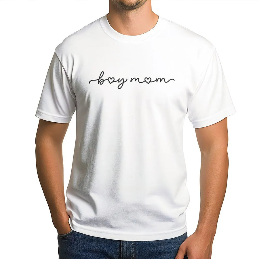 Boy Mom T-Shirt | Minimalist Heart Script Design | Premium Soft Cotton Blend | Mother's Day Gift for Mom
