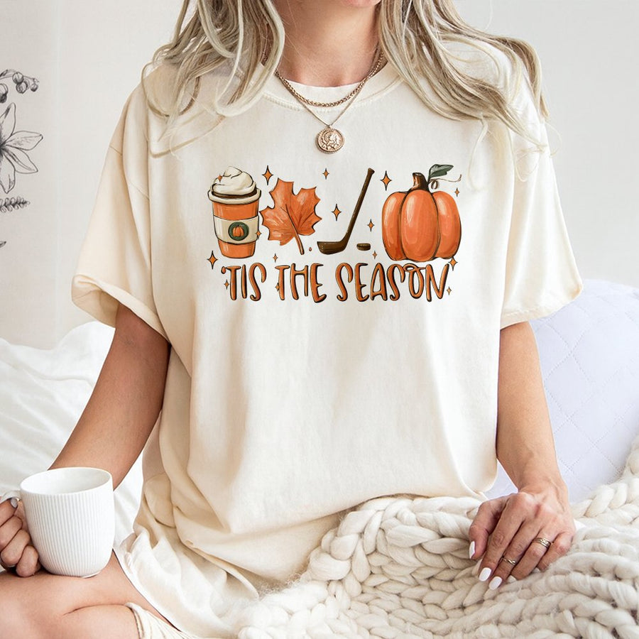 Hockey Mom T-Shirt | Tis The Season Pumpkin Spice Fall Design | Premium Soft Cotton Graphic Tee | Cozy Gift for Hockey Fans and Fall Lovers