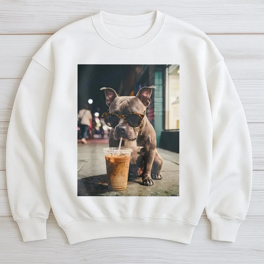 Pitbull Sweatshirt | Funny Dog with Sunglasses Drinking Coffee Graphic | Premium Cotton Blend | Gift for Pitbull Mom & Dog Lover