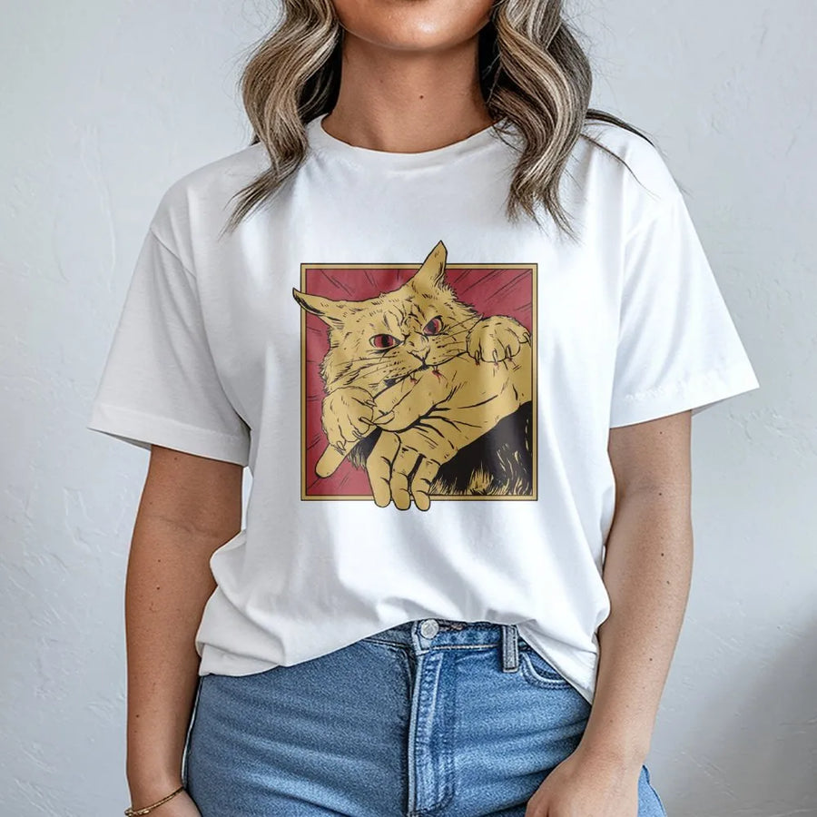 Cat Bite Graphic T-Shirt | Retro Horror Illustration | Premium Cotton Unisex Tee | Funny Gift for Cat Lovers
