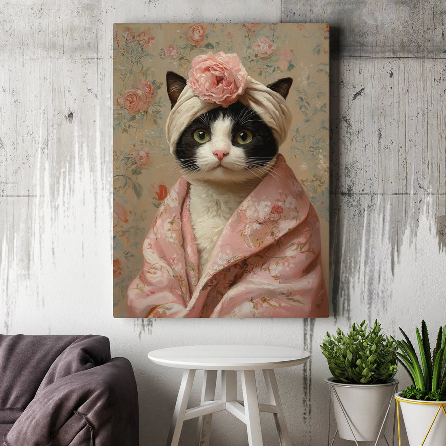 Cat Wall Art | Whimsical Spa Day Portrait in Pink Floral Robe | Premium 1.25" Gallery Canvas | Unique Bathroom Decor Gift for Cat Lovers
