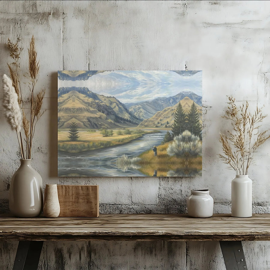 Fly Fishing Mountain River Canvas Art | Surreal Mirrored Landscape Wall Decor | Premium 1.25-inch Gallery Wrap | Gift for Fisherman & Nature Lovers