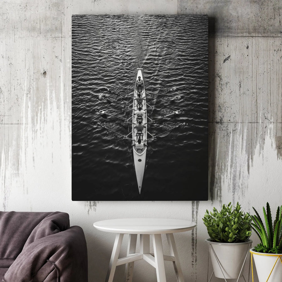 Rowing Team Wall Art | Black and White Aerial Sports Photography | Gallery-Wrapped Canvas Print | Perfect Gift for Rower or Coach
