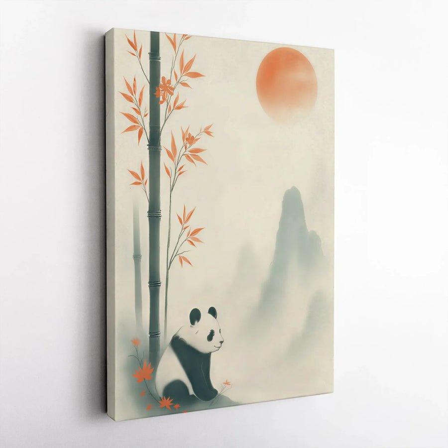 Panda Bear and Bamboo Vertical Canvas | Japanese Style Ink Wash Landscape Art | Premium 1.25" Gallery Wrap | Zen Home Decor Gift for Nature Lovers