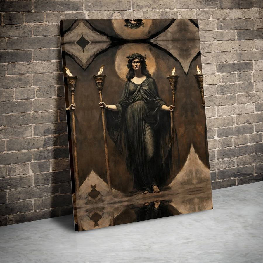 Hecate Canvas Wall Art | Greek Goddess of Magic with Torches | Premium Gallery Wrapped Print | Gothic Home Decor & Wiccan Altar Gift