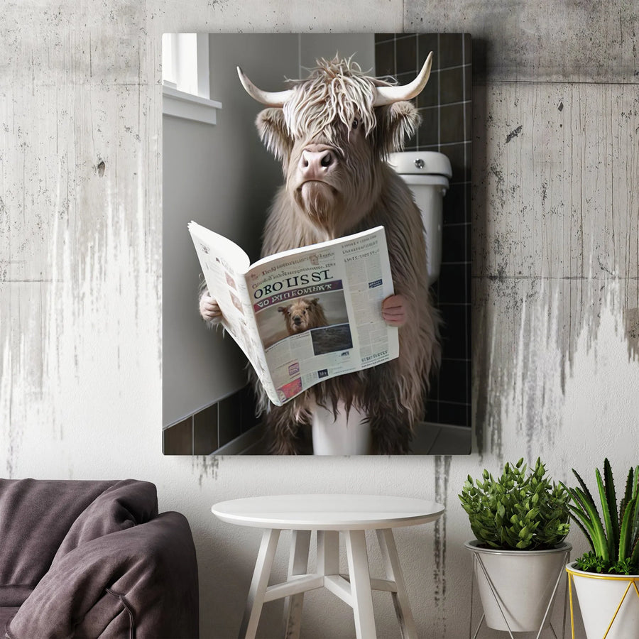 Highland Cow Wall Art | Funny Toilet Reading Newspaper Print | Premium Gallery Wrapped Canvas | Bathroom Decor Gift for Farmhouse Lovers