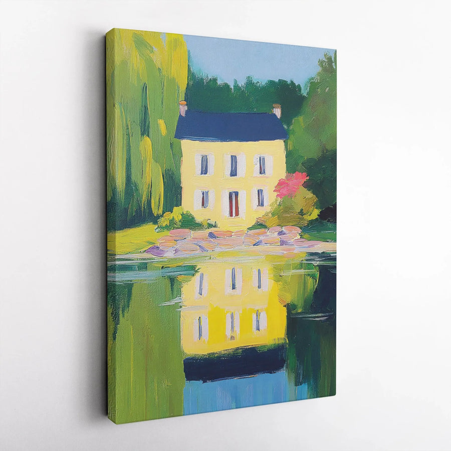 Impressionist Lake House Canvas Wall Art | Vibrant Oil Painting Style Print with Water Reflection | Premium Thick Gallery Wrap | Modern Home Decor Gift for Art Lover