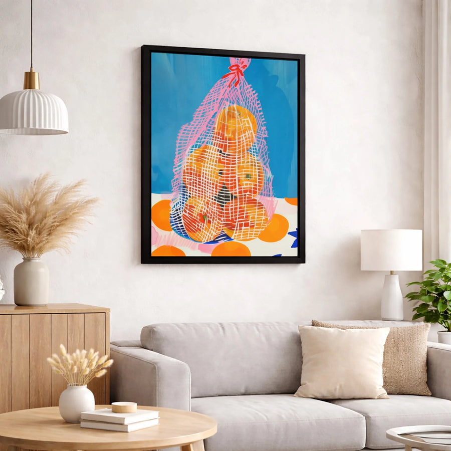 Modern Fruit Still Life Canvas Print | Colorful Pop Art Oranges in Mesh Bag | Premium Gallery Wrapped Wall Art | Kitchen & Dining Home Decor