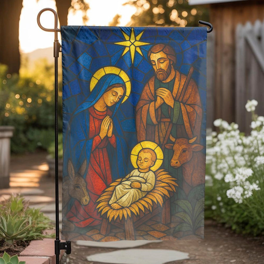Stained Glass Nativity Garden Flag | Holy Family Christmas Outdoor Decor | Weather-Resistant Polyester | Religious Holiday Gift for Yard