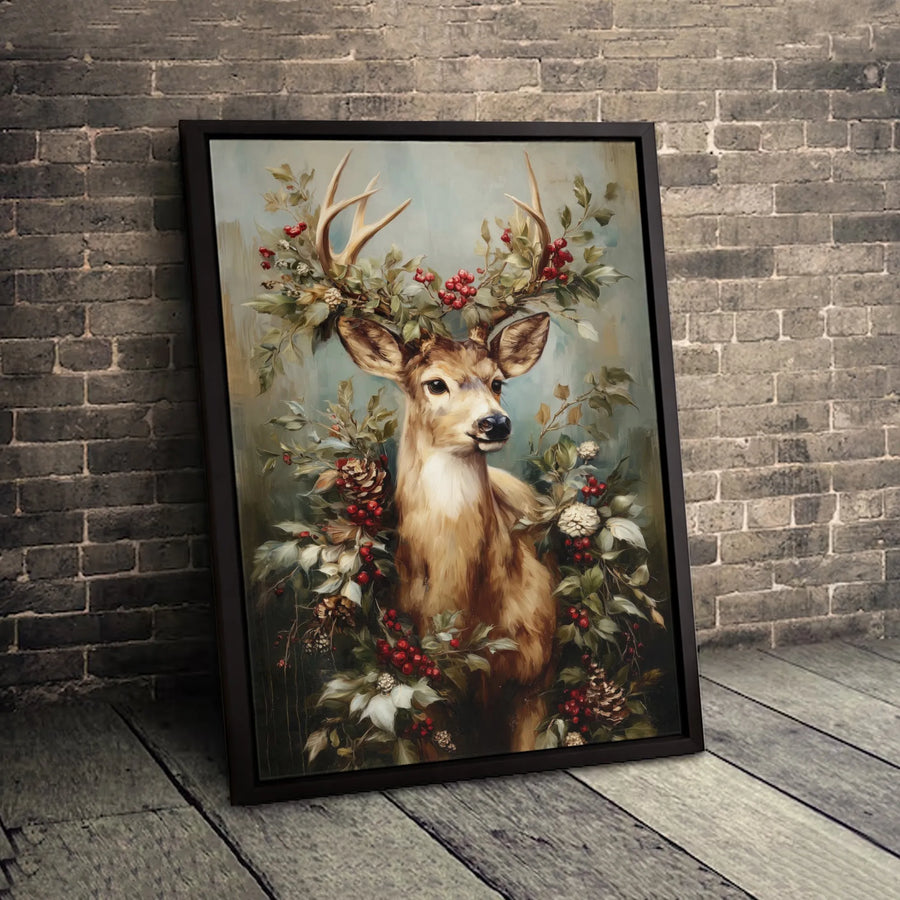 Christmas Deer Canvas Wall Art | Festive Winter Woodland Portrait with Berries and Pinecones | Premium Gallery Wrapped Decor | Holiday Home Gift