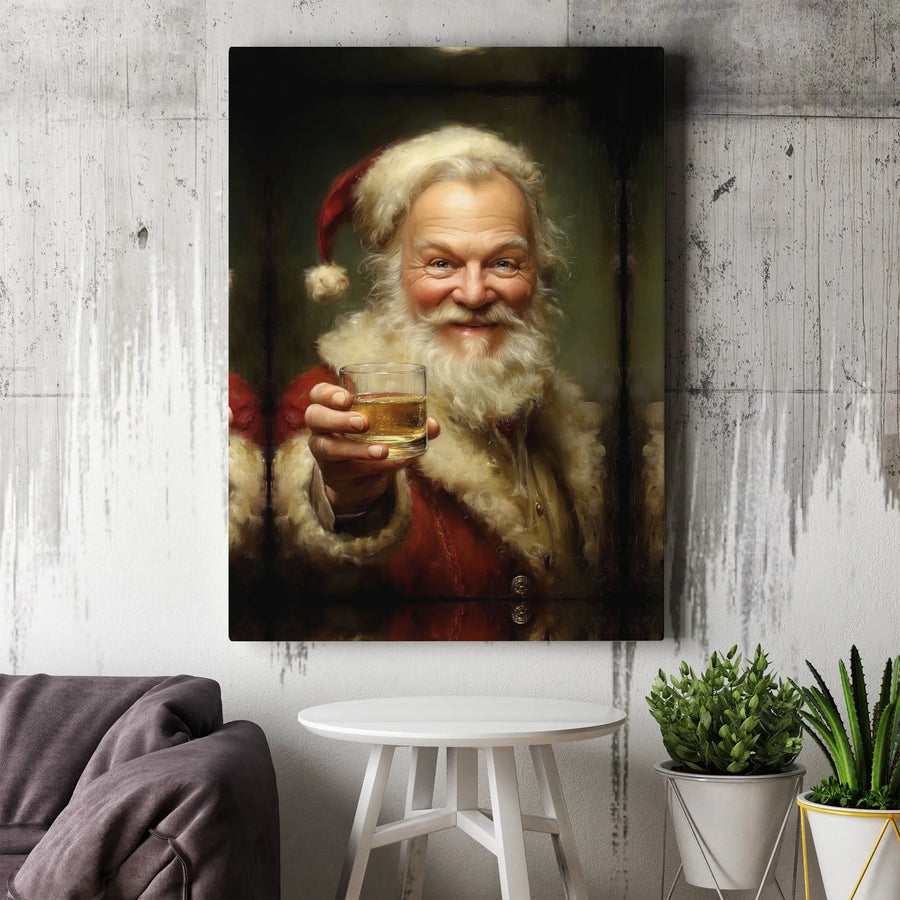 Santa Claus Whiskey Canvas Art | Humorous Holiday Portrait | Premium Gallery-Wrapped Print | Unique Christmas Gift for Him