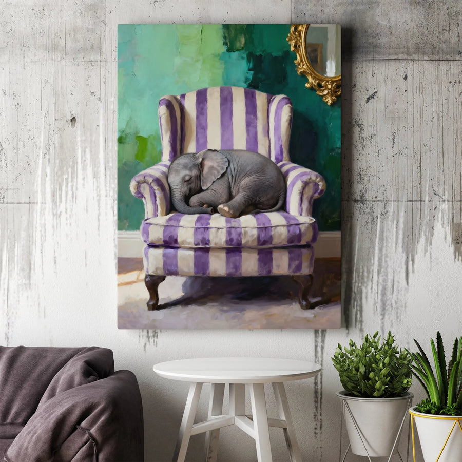Baby Elephant Canvas Wall Art | Whimsical Animal Sleeping in Striped Chair | Premium Gallery Wrap Canvas | Nursery Decor Gift