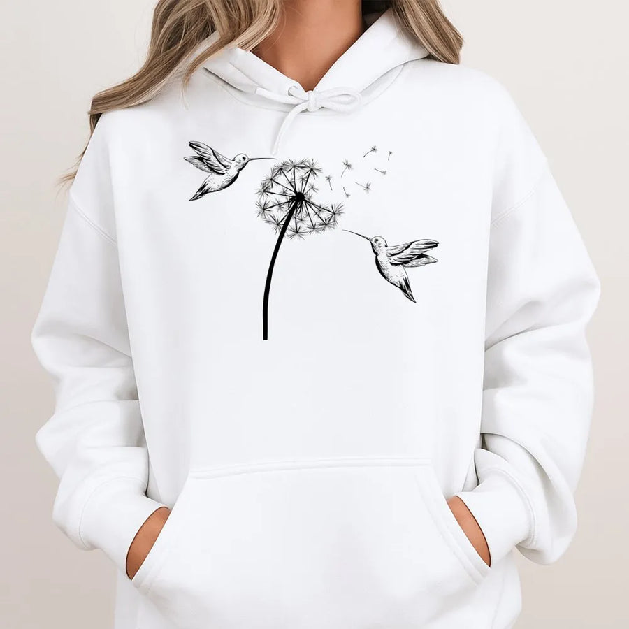 Hummingbird Dandelion Hoodie | Artistic Nature Graphic Print | Soft Cotton-Poly Blend | Cozy Botanical Gift for Bird Lovers