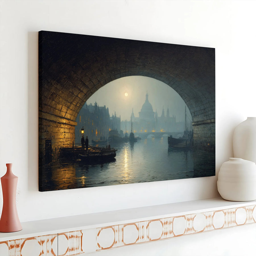 London St Paul’s Cathedral Canvas Art | Moody Night Cityscape Under Bridge | Gallery Wrapped Premium Print | Architectural Wall Decor Gift