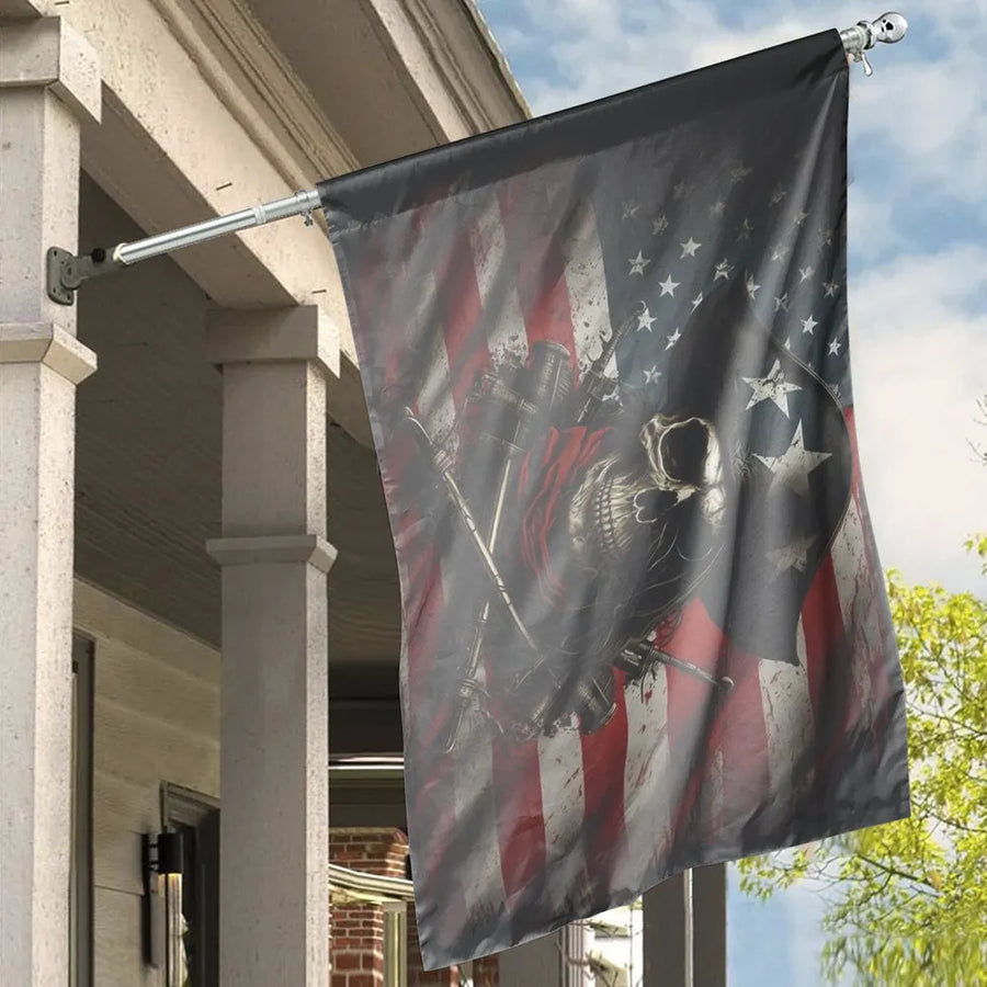 American Flag Skull House Flag | Vintage Pirate Graphic with Crossed Swords | Double Sided Weather-Resistant Polyester | Patriotic Outdoor Decor Gift