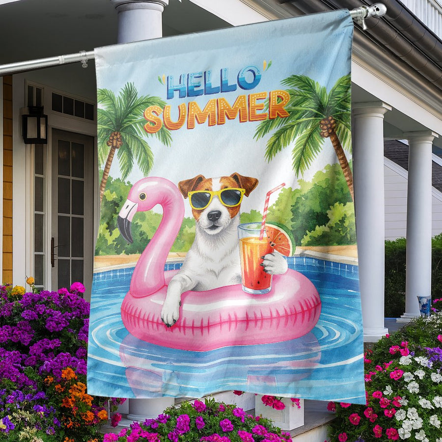 Hello Summer Garden Flag | Cute Jack Russell Dog Pool Party Decor | Premium Weather-Resistant Polyester | Seasonal Outdoor Yard Gift