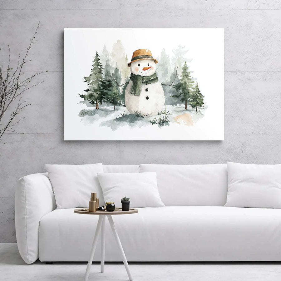 Watercolor Snowman Canvas Wall Art | Snowy Pine Forest Winter Scene | Premium 1.25” Gallery Wrap | Festive Holiday Home Decor Gift