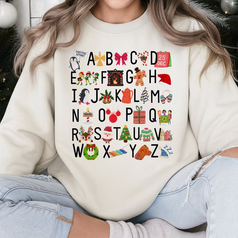 Christmas Alphabet Sweatshirt | Teacher Holiday Graphic Crewneck | Premium Cotton Blend | Gift for Teachers and Educators