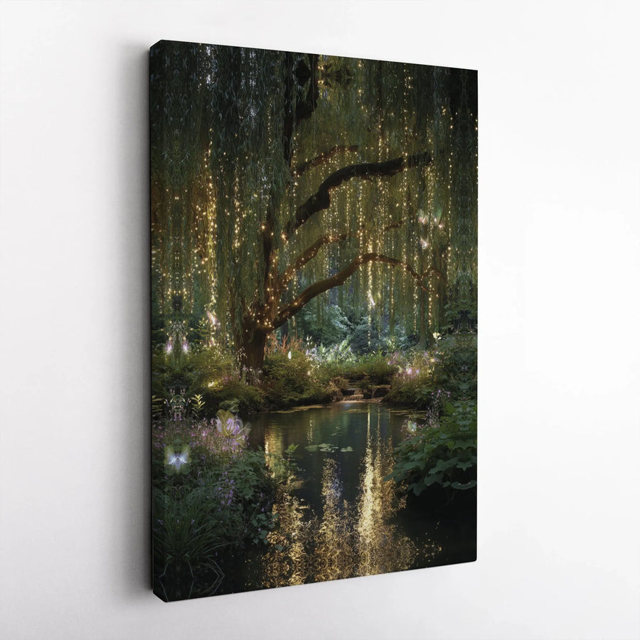 Enchanted Willow Tree Wall Art | Magical Fairy Forest Pond Canvas Print | Premium Fade-Resistant Gallery Wrap | Whimsical Home Decor Gift