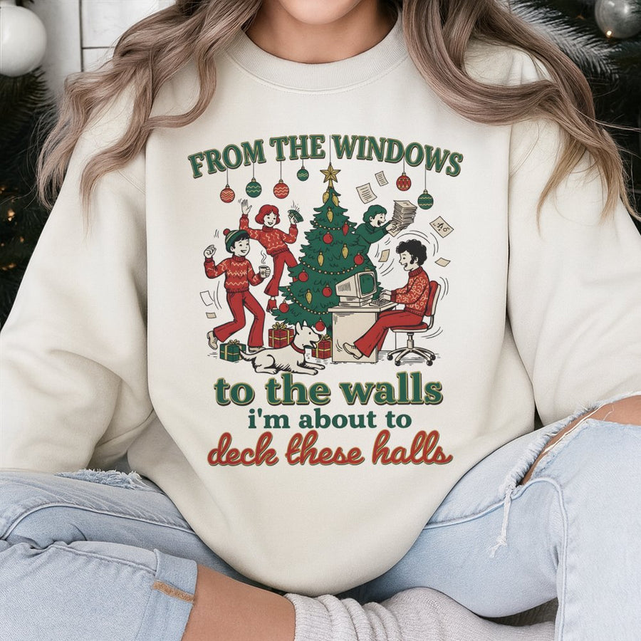 Funny Christmas Sweatshirt | Deck The Halls Retro Graphic | Premium Cotton Blend Crewneck | Unisex Holiday Gift For Office Workers