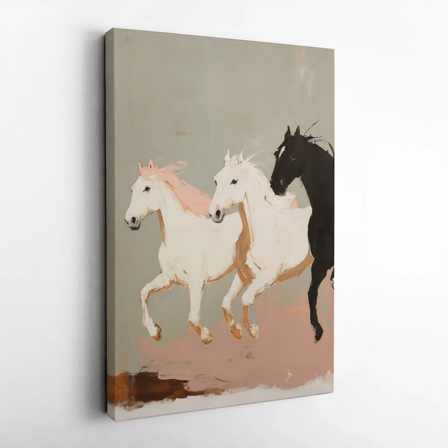 Three Running Horses Canvas Wall Art | Abstract Equine Stampede Decor | Premium Gallery Wrapped Print | Modern Farmhouse Home Gift