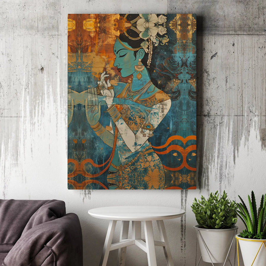 Indian Goddess Canvas Print | Abstract Spiritual Flute Player Art | Premium Gallery Wrapped Canvas | Boho Wall Decor Gift for Meditation Room