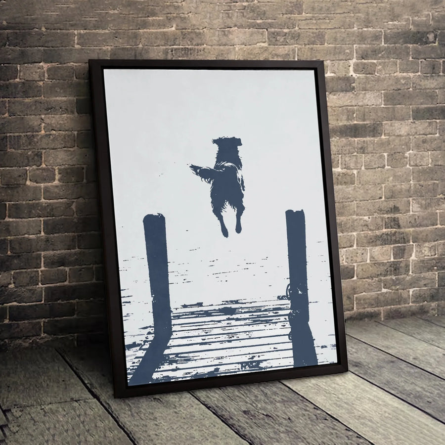 Dog Jumping Off Dock Canvas Wall Art | Minimalist Stencil Style | Premium 1.25" Thick Gallery Wrap | Pet Lover Home Decor Gift
