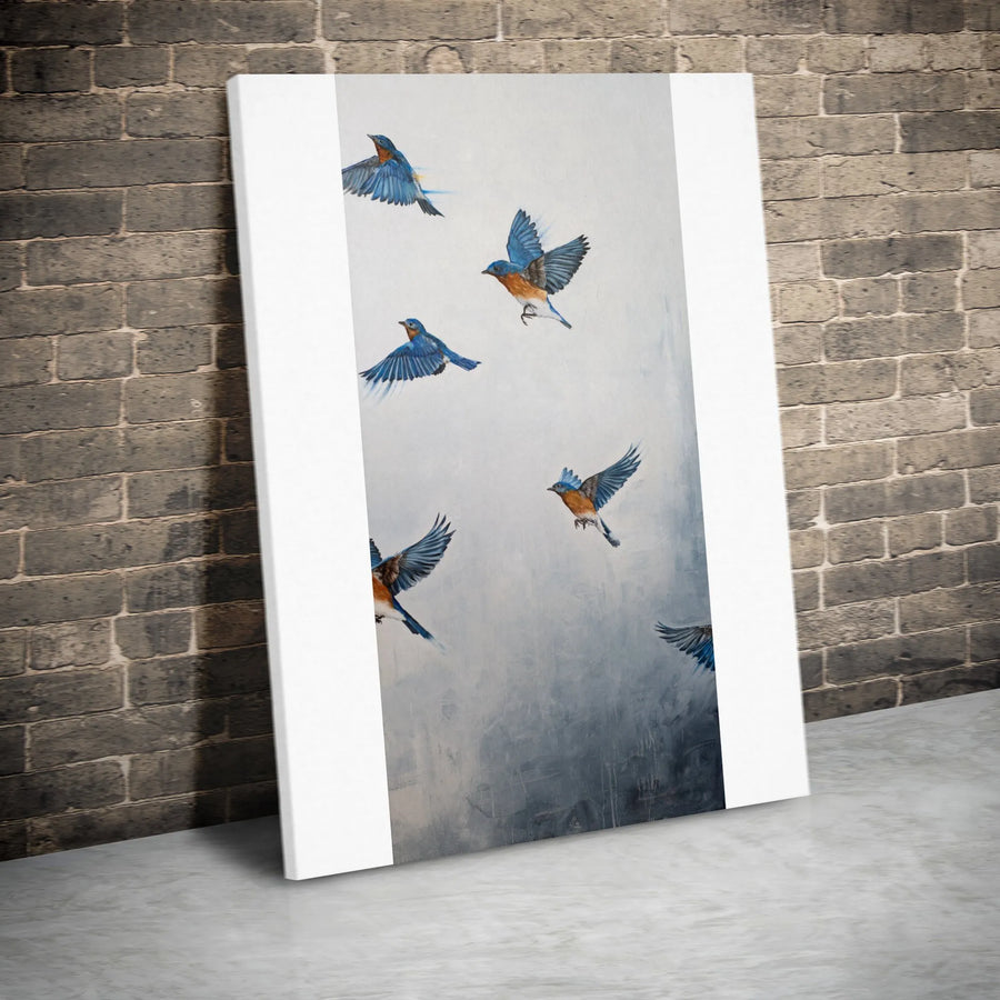 Flying Bluebirds Vertical Canvas | Painterly Flock of Birds Wall Art | Premium Thick Gallery Wrap | Nature Lover Gift & Modern Home Decor