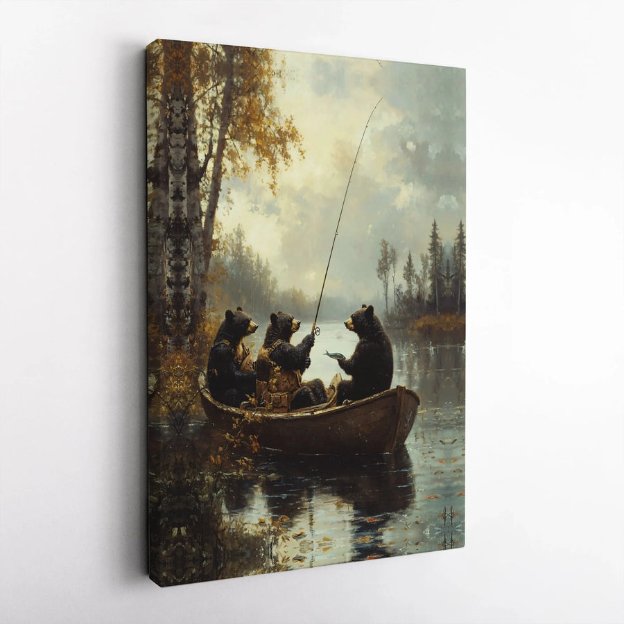 Three Black Bears Fishing Canvas Wall Art | Rustic Wildlife Lake Cabin Decor | Premium Fade-Resistant Print | Gift for Outdoorsmen and Nature Lovers