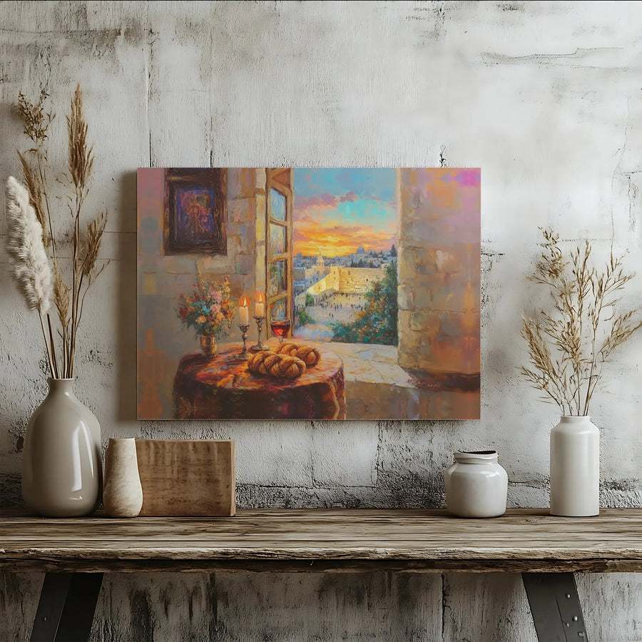 Jerusalem Western Wall Canvas Art | Shabbat Challah and Candlelight Scene | Premium Gallery-Wrapped Print | Jewish Home Decor and Religious Gift
