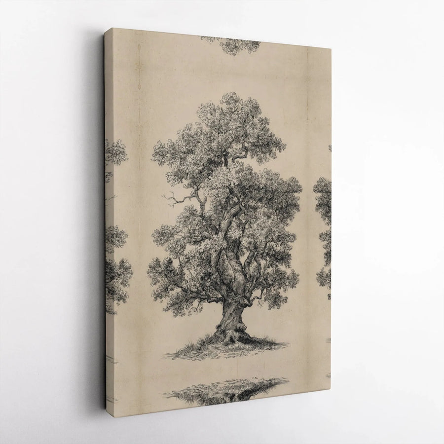 Vintage Oak Tree Canvas Wall Art | Botanical Sketch Illustration | Premium Gallery Wrap Print | Nature Inspired Home Office Decor Gift