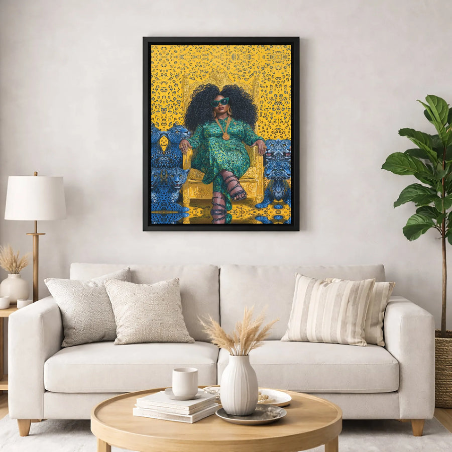 Black Queen Canvas Wall Art | Afrocentric Portrait with Blue Leopards | Premium Gallery-Wrapped Print | Empowering Home Decor Gift for Her