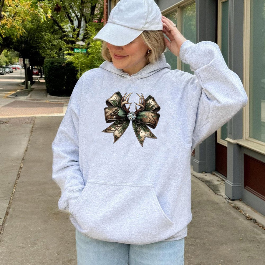 Deer Bow Camo Hoodie | Rustic Antler Hunting Graphic | Premium Cotton Blend | Country Glam Gift for Outdoors Women