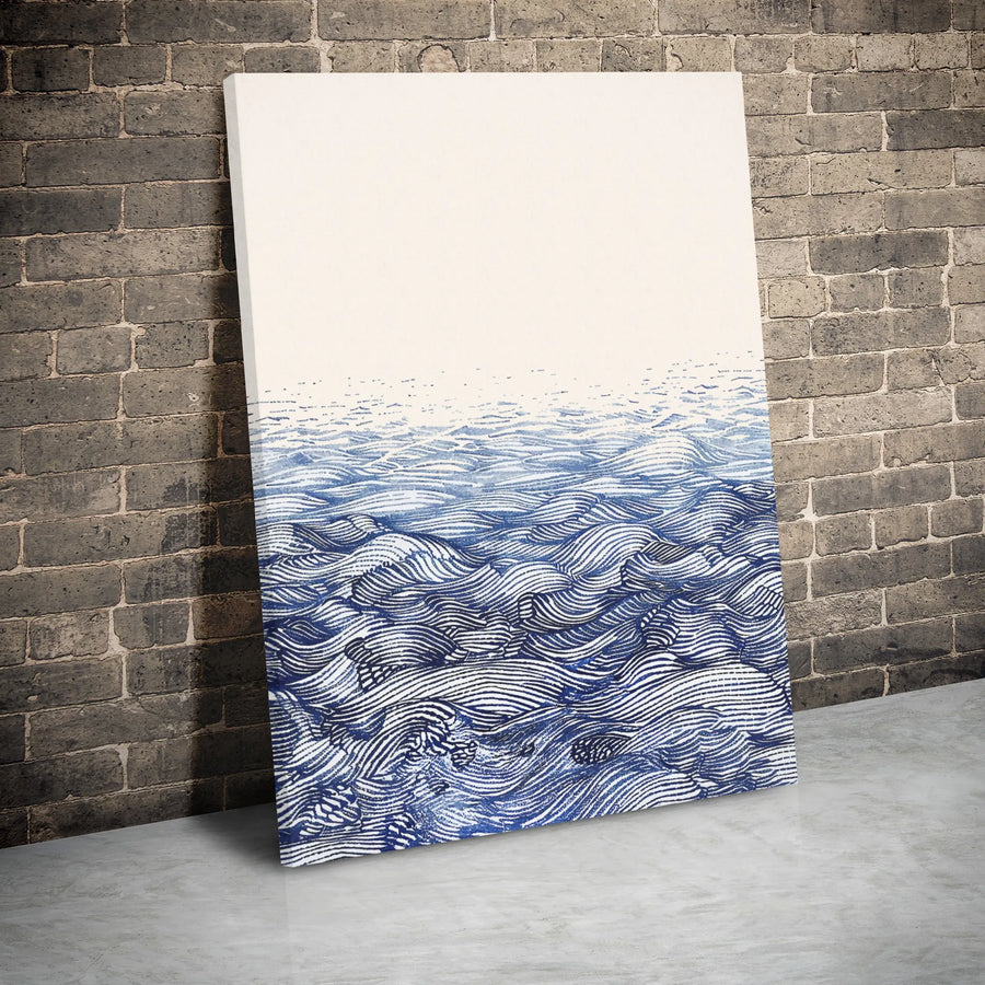 Abstract Ocean Waves Canvas Wall Art | Navy Blue Line Work Print | Premium Gallery Wrap Decor | Modern Coastal Living Room Home Gift