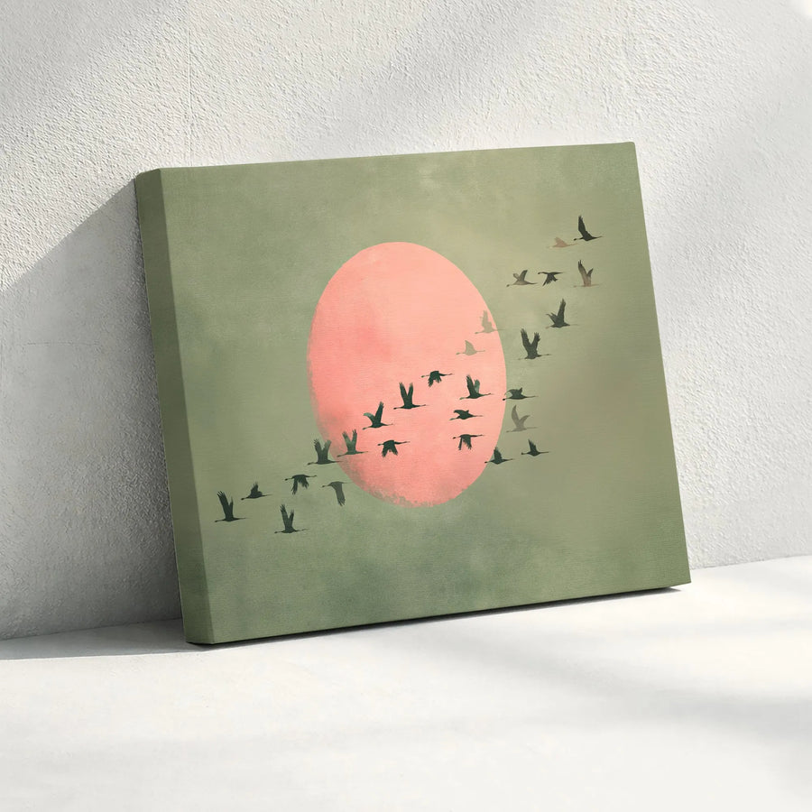 Japandi Birds Canvas Wall Art | Minimalist Crane Flock Over Pink Sun | Premium Matte Canvas Print | Modern Zen Living Room Decor