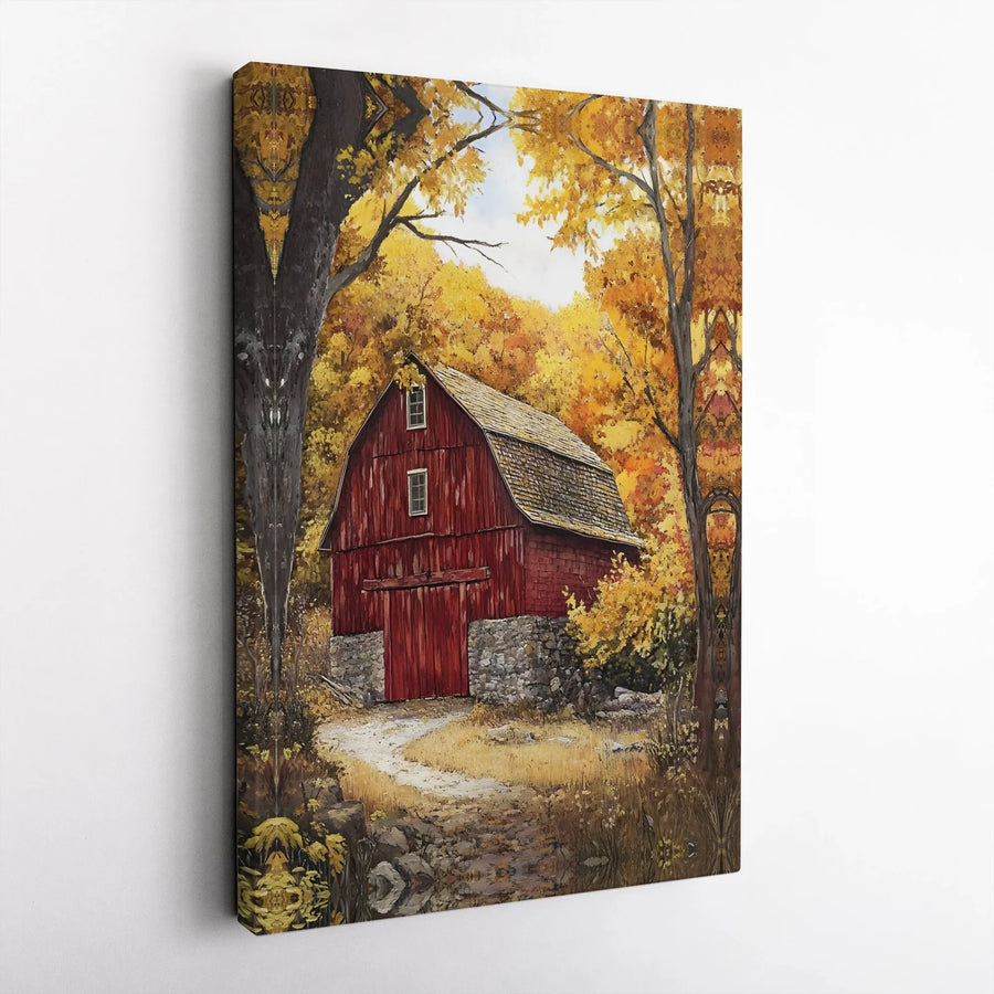 Rustic Red Barn Canvas Art | Autumn Forest Landscape Wall Decor | Premium Fade-Resistant Print | Country Farmhouse Home Gift