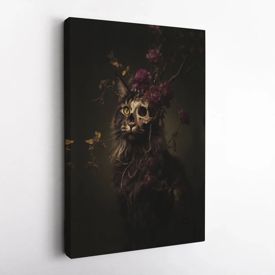 Gothic Cat Wall Art | Half Skull Floral Portrait | Premium 1.25-Inch Gallery Canvas | Moody Dark Academia Home Decor Gift