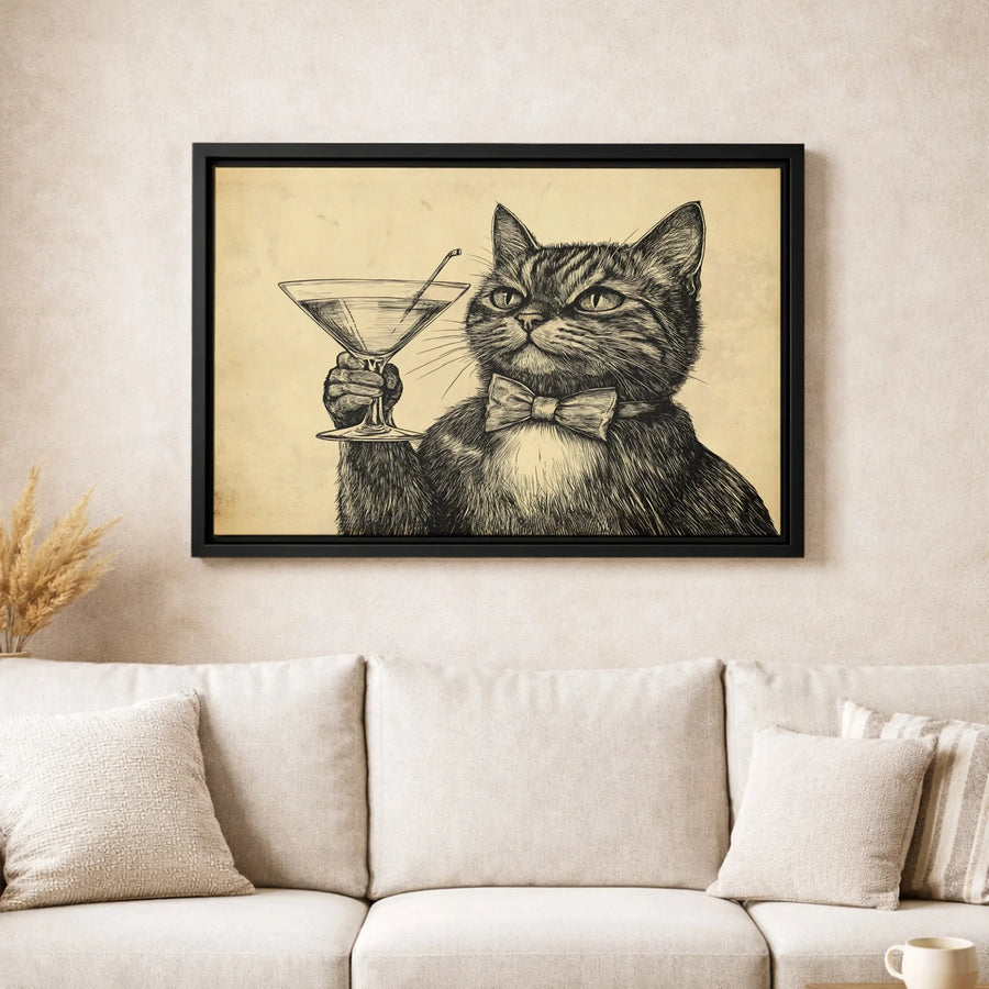 Cat With Martini Canvas Print | Vintage Bow Tie Kitten Sketch Art | Premium Gallery Wrapped Wall Decor | Funny Bar Pub Home Bar Gift
