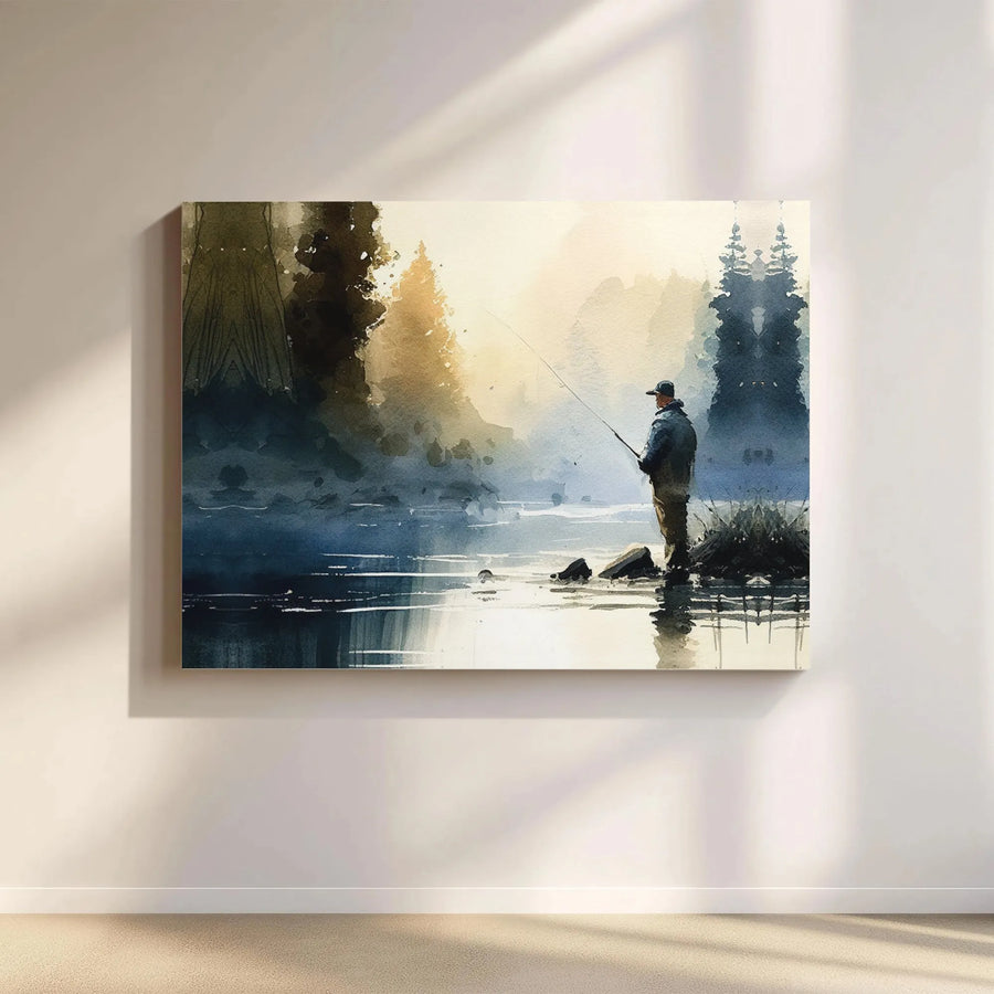 Fisherman Wall Art | Watercolor Lake Scenery Print | Premium Gallery Wrapped Canvas | Fishing Decor Gift for Men