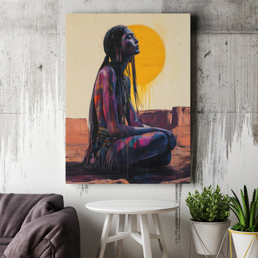 Native American Woman Canvas Wall Art | Meditating Desert Sunset Portrait | Premium Gallery Wrapped Print | Spiritual Home Decor Gift