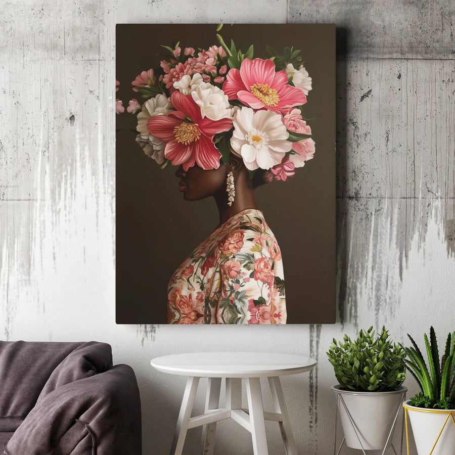 African American Woman Wall Art | Floral Peony Crown Portrait | Premium Gallery Wrapped Canvas | Elegant Black Female Home Decor Gift